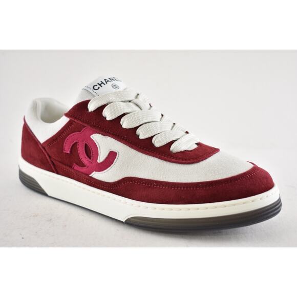 Chanel 23P Burgundy Suede White CC Logo Flat Lace Up Runner Trainer Sneaker 37 - Picture 6 of 15